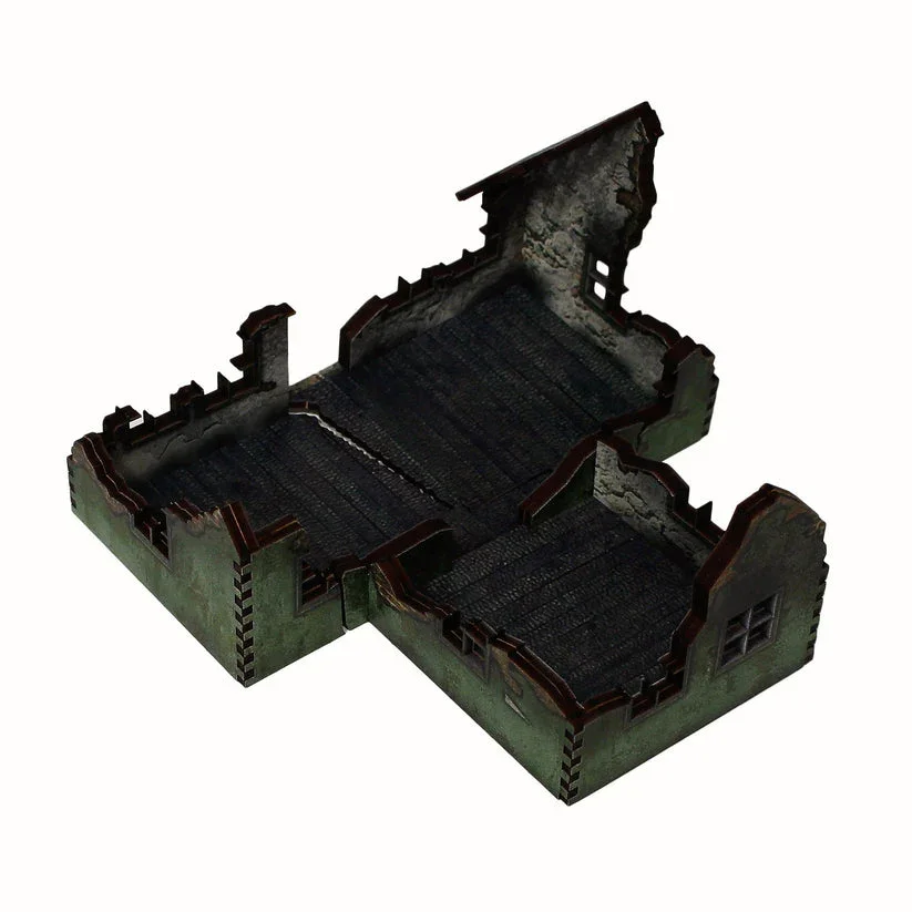 Battlefield Accessories: Ruined Village House 1 Green Render - 28mm (TTR)