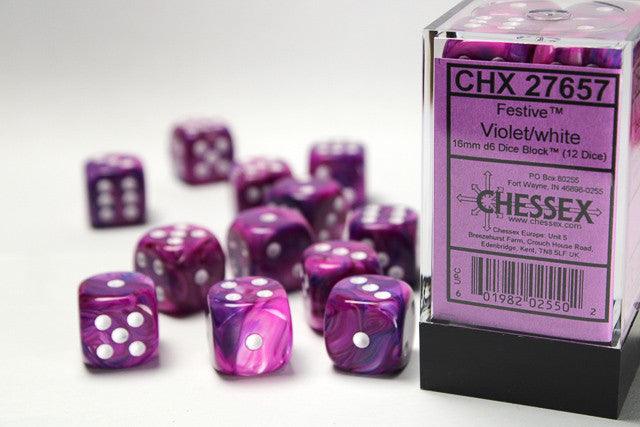 Chessex D6 Festive 16mm d6 Violet/white Dice Block (12 dice)