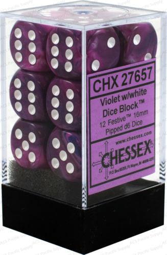 Chessex D6 Festive 16mm d6 Violet/white Dice Block (12 dice) - Image 2
