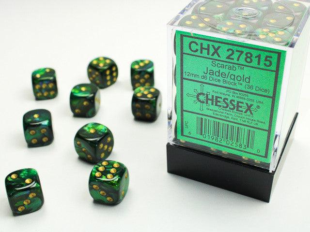 Chessex D6 Scarab 12mm d6 Jade/gold Dice Block (36 dice)