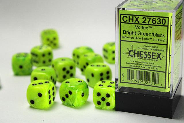 Chessex D6 Vortex 16mm d6 Bright Green/black Dice Block (12 dice)