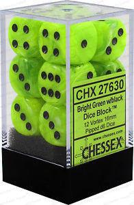 Chessex D6 Vortex 16mm d6 Bright Green/black Dice Block (12 dice) - Image 2