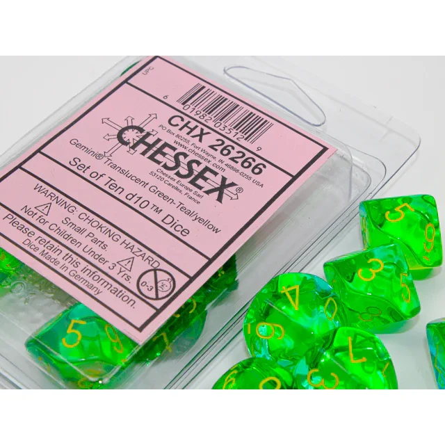 CHX 26266 Gemini Translucent Green-Teal/yellow Set of 10 d10s - Image 2