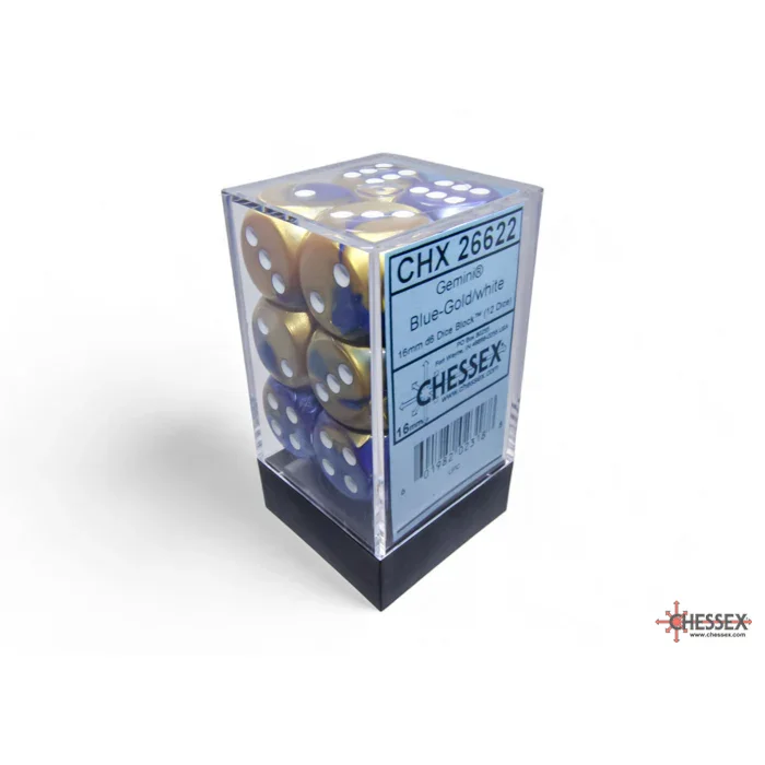 CHX 26622 Gemini Blue-Gold/white 16mm d6 Dice Block (12 dice) - Image 3