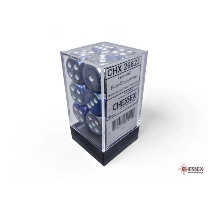 CHX 26623 Gemini Blue-Steel/white 16mm d6 Dice Block (12 dice) - Image 3