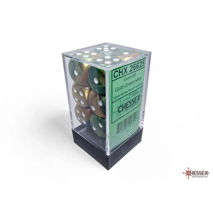CHX 26625 Gemini Gold-Green/white 16mm d6 Dice Block (12 dice) - Image 3
