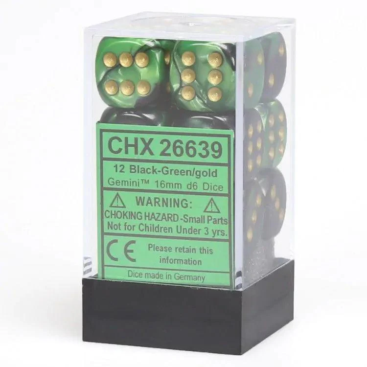 CHX 26639 Gemini 16mm D6 Dice Block Black-Green/Gold