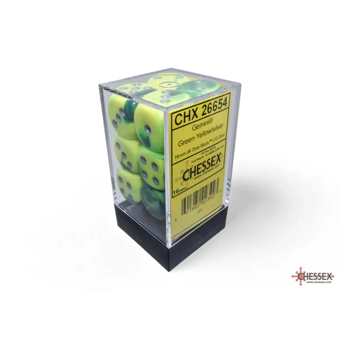 CHX 26654 Gemini Green-Yellow/silver 16mm d6 Dice Block (12 dice) - Image 3