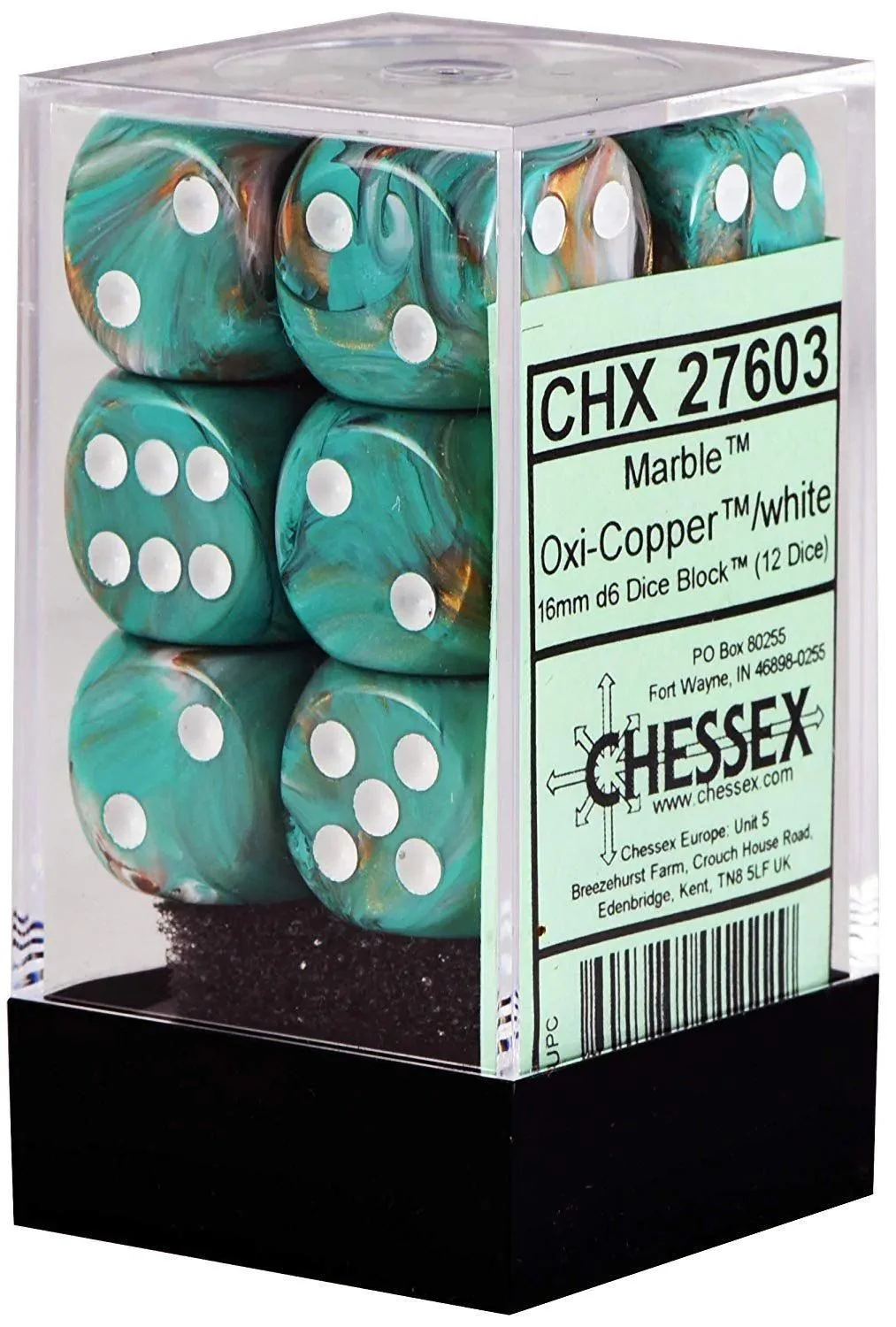CHX 27603 Marble 16mm D6 Dice Block Oxi-Copper/White