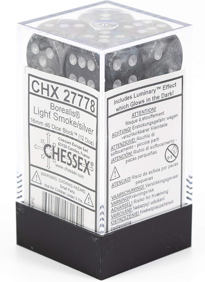 CHX 27778 Borealis 16mm D6 Dice Block Light Smoke/Silver (Luminary Effect)
