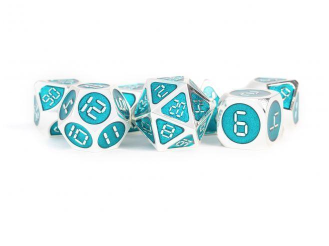 MDG 16mm Metal Polyhedral Dice Set: Silver w/ Teal Enamel